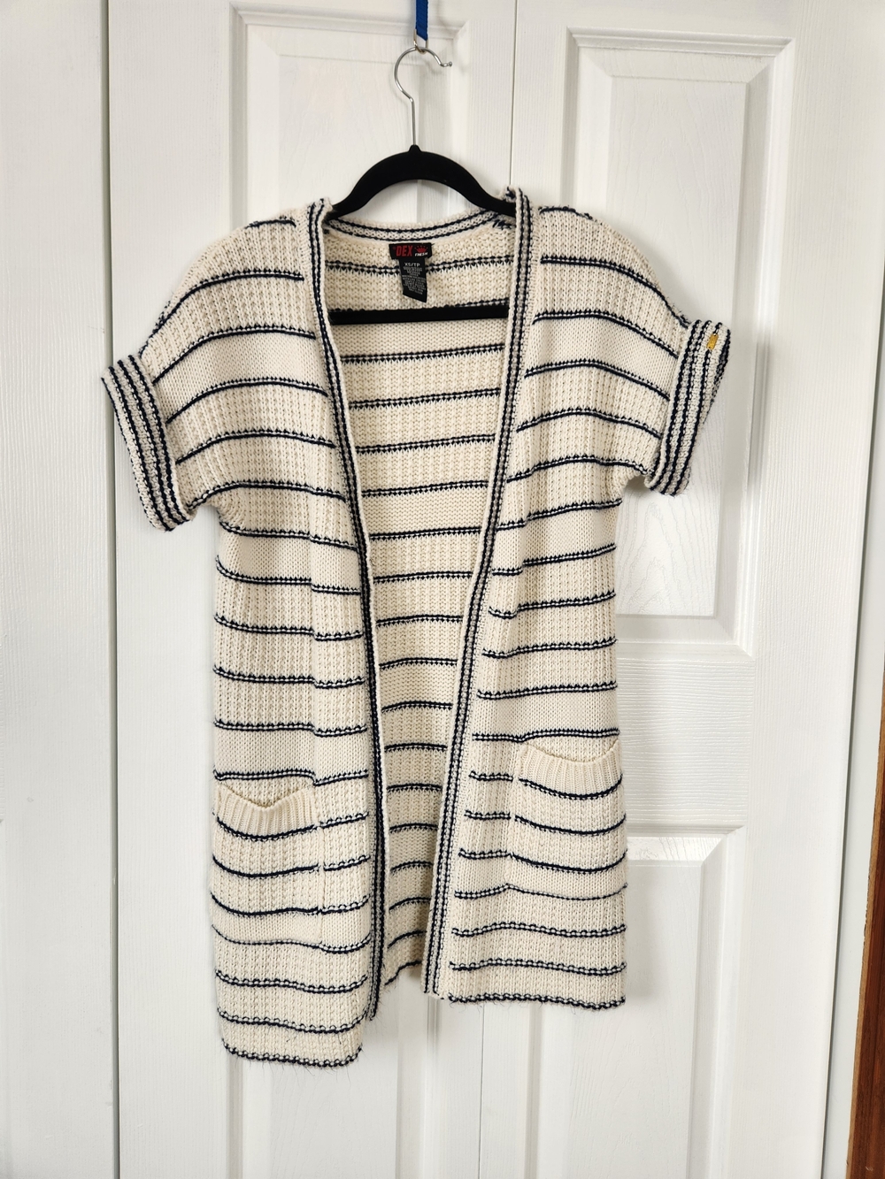 Dex Cream and Navy Striped Open-Front Short Sleeve Cardigan